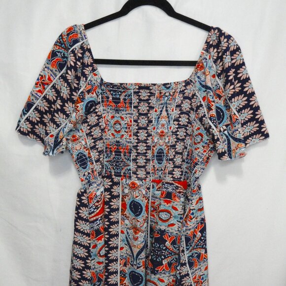 SHEIN Dresses & Skirts - Shein Curve Boho Chic Dress Exotic Blue Orange Shirred bodice Women's Size 1X